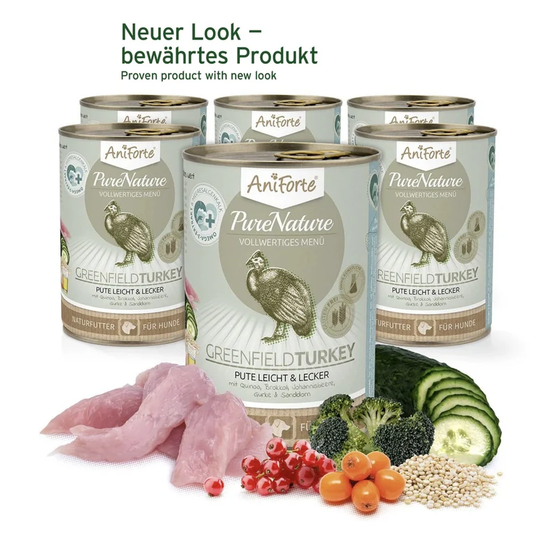AniForte Pure Nature Greenfield Turkey Nassfutter für Hunde – Getreidefreies Premium-Hundefutter mit hohem Fleischanteil, natürliche Zutaten für Vitalität & gesunde Verdauung