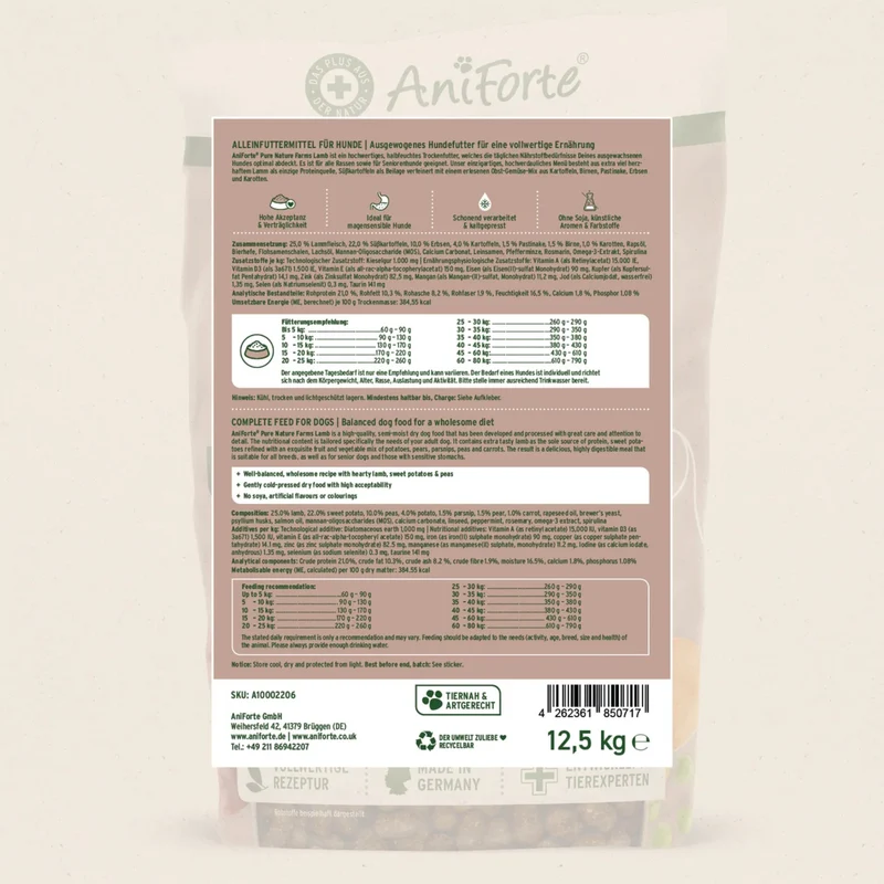 AniForte Farms Lamb – Kaltgepresstes Lamm Trockenfutter getreidefrei für sensible & ältere Hunde mit empfindlicher Verdauung, Magen & Darm – Natürlich, leicht verdaulich & reich an Omega-3
