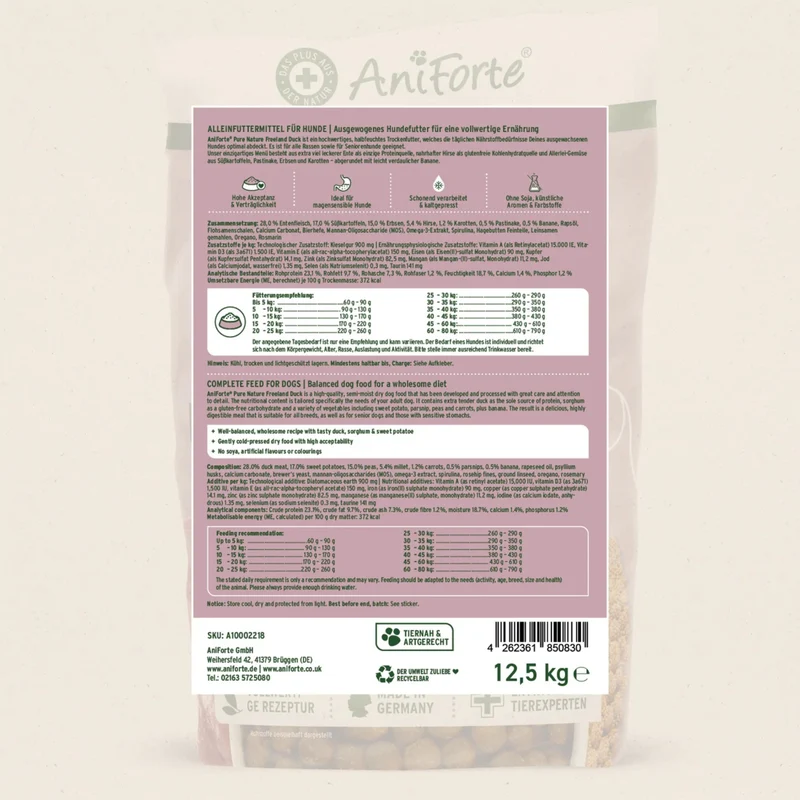 AniForte Pure Nature Freeland Duck Hunde Trockenfutter – Halbfeucht, Leicht Verdaulich & Reich an Omega-3 für sensible & ältere Hunde
