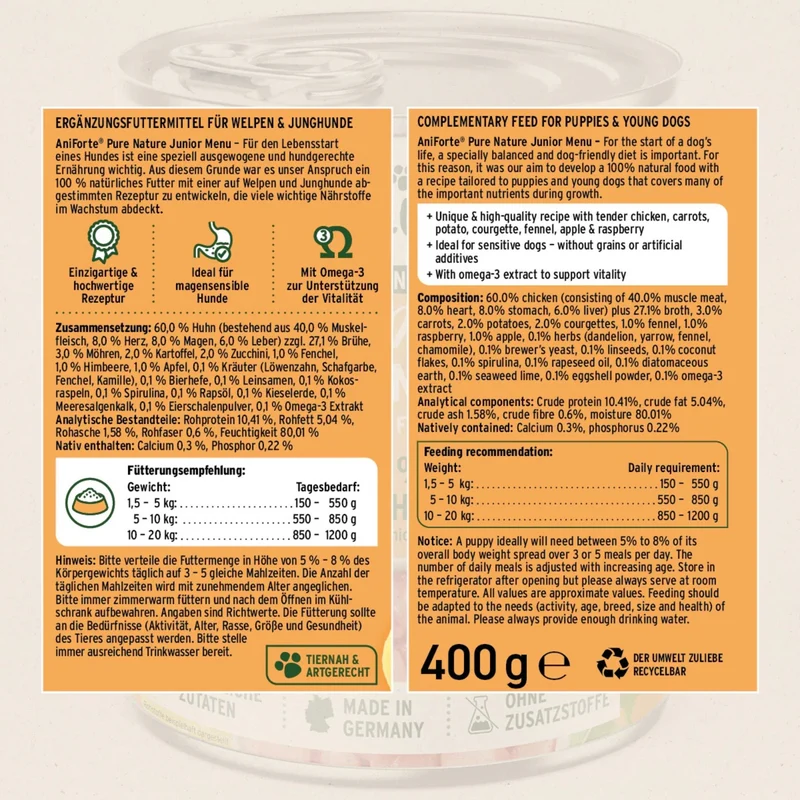 AniForte Pure Nature Junior Menu Chicken – Premium Welpen-Nassfutter ohne Getreide, 100% natürlich für gesundes Wachstum & starke Knochen