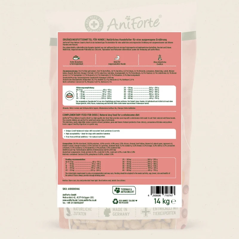 AniForte Pure Nature Country Beef Trockenfutter für Hunde – Getreidefrei, Reich an Omega-3, Ideal für Allergiker
