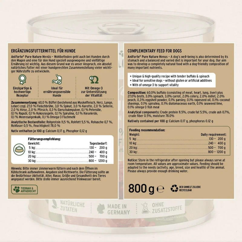 AniForte Pure Nature Wild Buffalo Nassfutter – 100% Büffelfleisch, Natürlich & Glutenfrei für Hunde mit Futtermittelallergien und Sensibilitäten