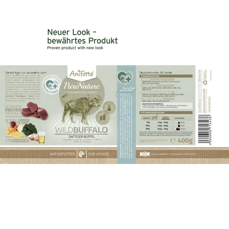 AniForte Pure Nature Wild Buffalo Nassfutter – 100% Büffelfleisch, Natürlich & Glutenfrei für Hunde mit Futtermittelallergien und Sensibilitäten