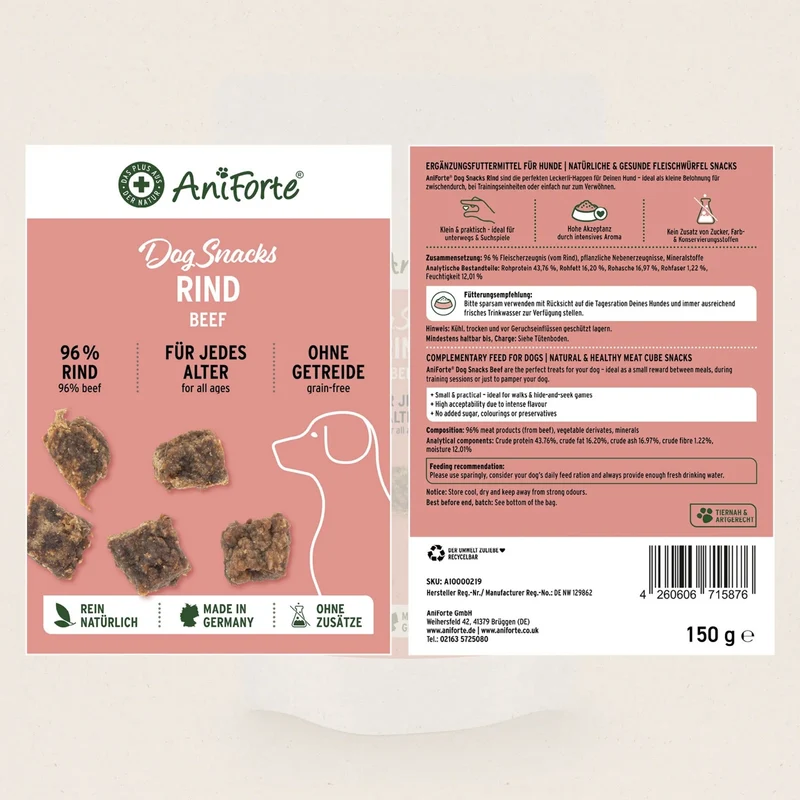 AniForte Rind Hundesnacks – Natürliche Trainingsbelohnung für Hunde, weich & getreidefrei, luftgetrocknet mit 96% Rindfleisch, ideal für Welpen & Senioren