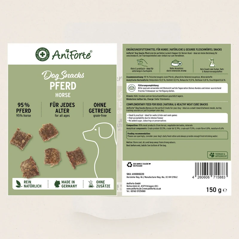 AniForte Pferd Hundesnacks – Natürliche Premium-Belohnung für sensible Hunde, hypoallergen & getreidefrei, Single Protein aus Deutschland
