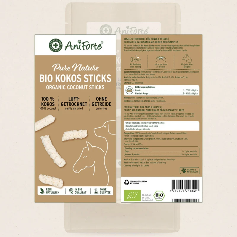 AniForte Bio Kokos-Sticks für Hunde & Pferde – Natürliche, getreidefreie Belohnung mit wertvollen Nährstoffen für gesunde Haut & glänzendes Fell