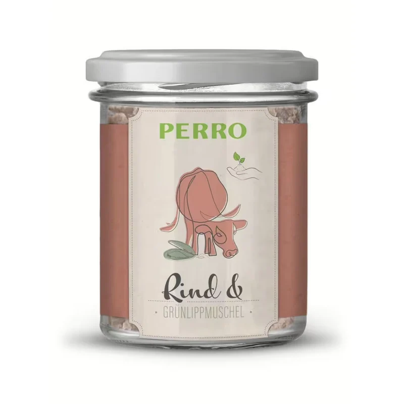 Perro Genießer Glas Rind & Grünlippmuschel – Getreidefreies Premium Nassfutter für Hunde mit Gelenkunterstützung im wiederverschließbaren Glas