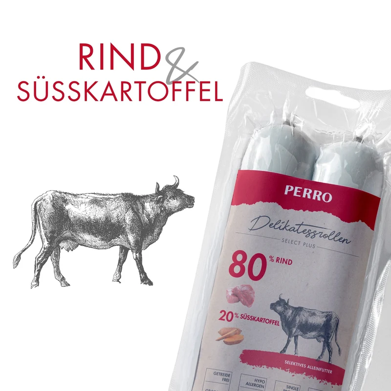 Perro Delikatessrolle No.3 Rind & Süßkartoffel – Premium Hundewurst mit 80% Single-Protein, getreidefrei & ohne Zusatzstoffe für sensible Hunde & Allergiker