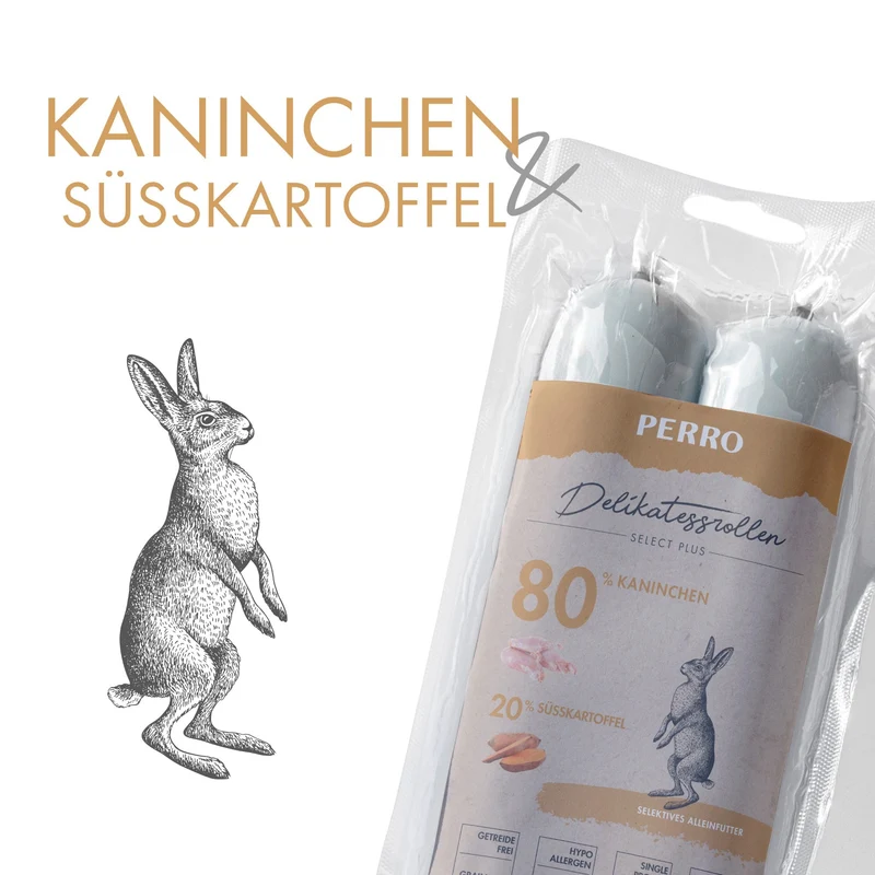 Perro Delikatessrolle No.3 Kaninchen & Süßkartoffel – Premium Hundewurst für sensible Hunde, Monoprotein, ideal für Ausschlussdiäten & unterwegs