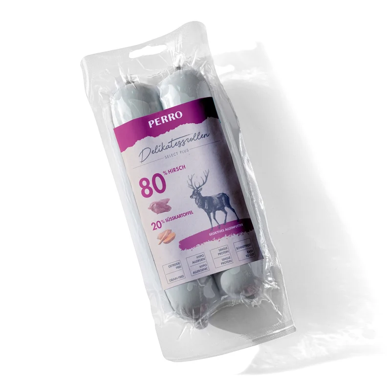 Perro Delikatessrolle No.3 Hirsch & Süßkartoffel – Premium Hundewurst mit Singleprotein für sensible Hunde, glutenfrei & ohne Zusatzstoffe