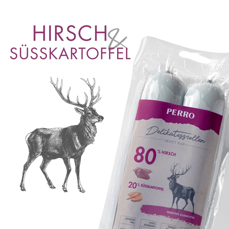 Perro Delikatessrolle No.3 Hirsch & Süßkartoffel – Premium Hundewurst mit Singleprotein für sensible Hunde, glutenfrei & ohne Zusatzstoffe