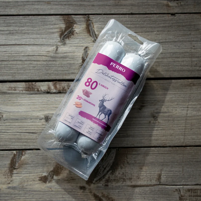 Perro Delikatessrolle No.3 Hirsch & Süßkartoffel – Premium Hundewurst mit Singleprotein für sensible Hunde, glutenfrei & ohne Zusatzstoffe