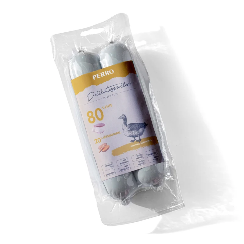 Perro Delikatessrolle No.3 Ente & Süßkartoffel – Premium Hundewurst für sensible Hunde, glutenfrei & Single-Protein, ideal bei Allergien & Unverträglichkeiten