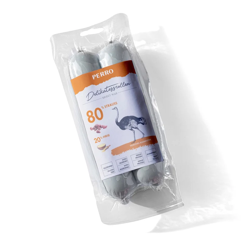 Perro Delikatessrolle No.2 Strauß & Hirse – Premium Hundewurst, schnittfest & hypoallergen, natürliche Hundenahrung für alle Rassen