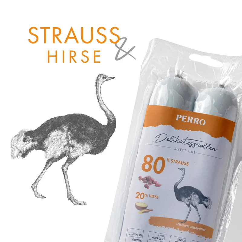 Perro Delikatessrolle No.2 Strauß & Hirse – Premium Hundewurst, schnittfest & hypoallergen, natürliche Hundenahrung für alle Rassen