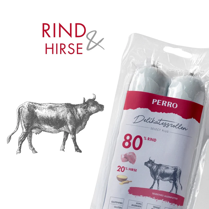 Perro Delikatessrolle No.2 Rind & Hirse – Premium Hundewurst für ernährungssensible Hunde, glutenfrei & Single-Protein, optimal portionierbar