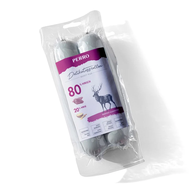 Perro Delikatessrolle No.2 Hirsch & Hirse – Hypoallergene Premium-Hundewurst mit 80% Single-Protein Frischfleisch, glutenfrei & getreidefrei für sensible Hunde