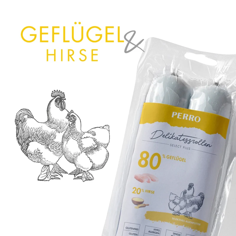 Perro Delikatessrolle No.2 Geflügel & Hirse – Glutenfreie Hundewurst für sensible Hunde mit Single-Protein Hühnerfleisch, ohne Zusatzstoffe, 2x400g Nassfutter