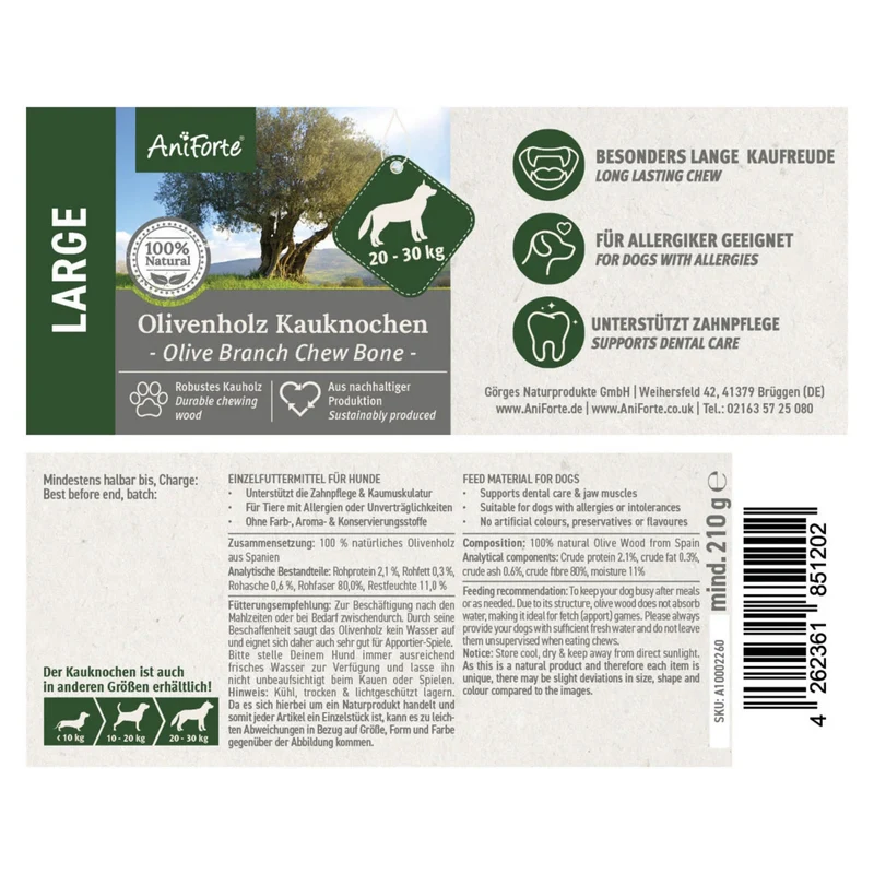 AniForte Olivenholz Kauknochen – Natürliche Zahnpflege & Langanhaltender Kauspaß für Hunde