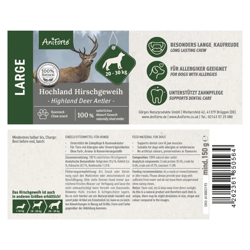 AniForte Hochland Hirschgeweih – Natürliche Kaustange für Hunde, splitterfrei & fettarm