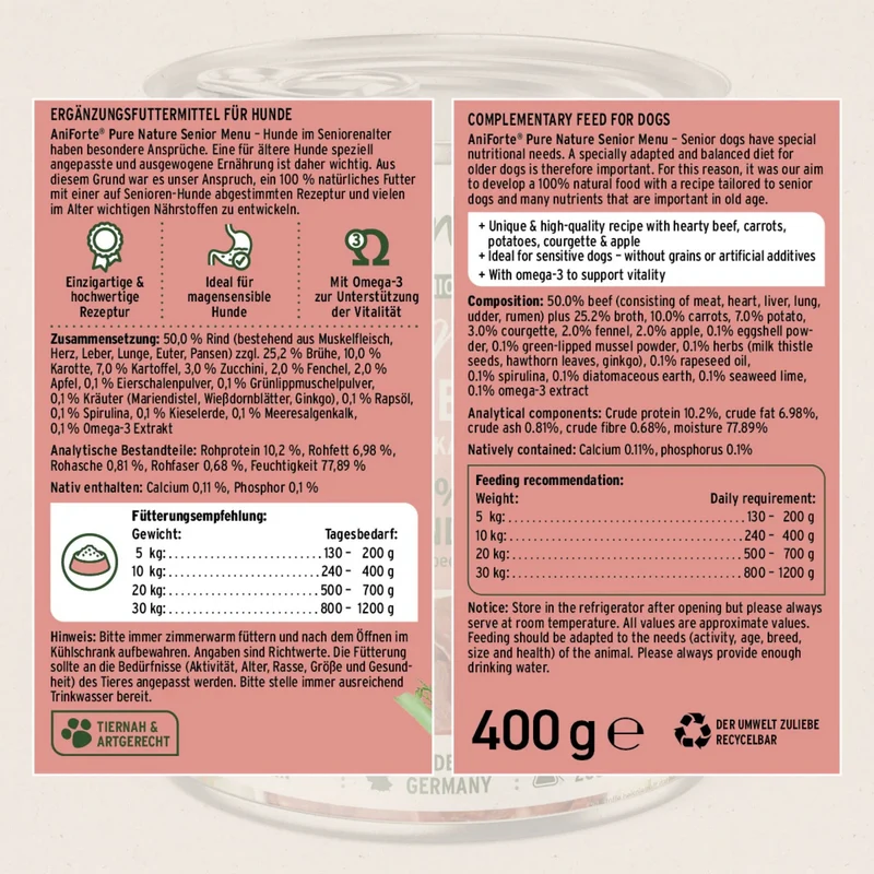 AniForte Pure Nature Senior Menu Beef – Getreidefreies Premium-Nassfutter für ältere Hunde mit Rind
