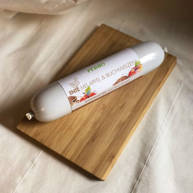 Perro Delikatessrolle Ente mit Apfel & Buchweizen – Glutenfreie Hundewurst für sensible Hunde, schnittfest & praktisch portionierbar