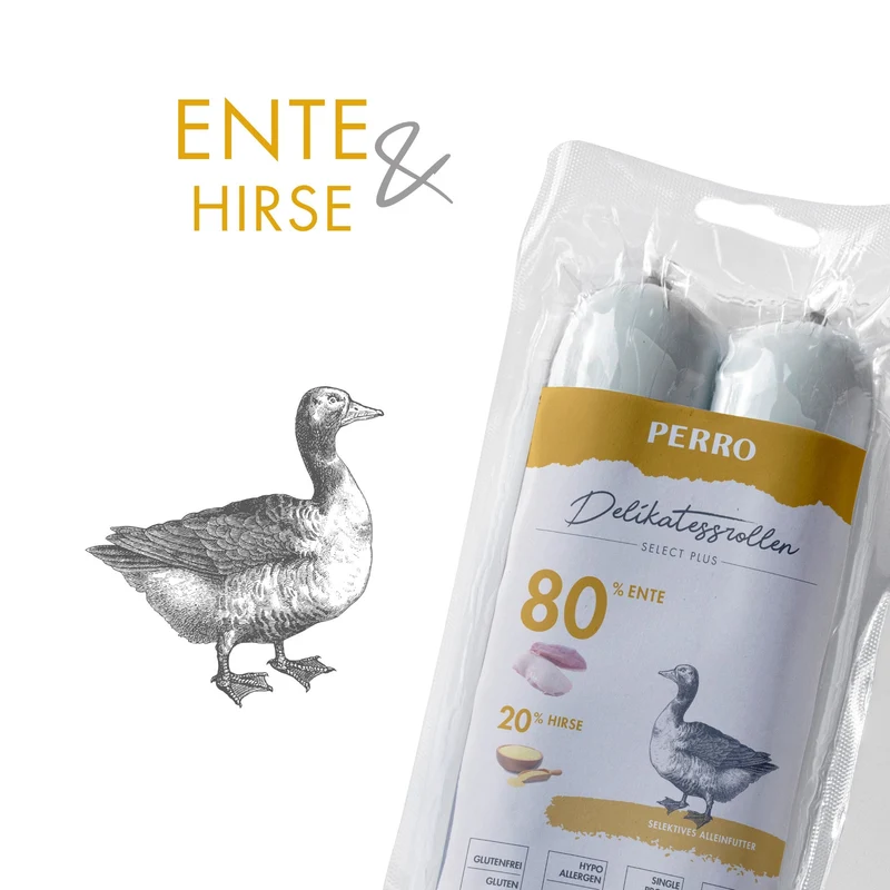 Perro Delikatessrolle No.2 Ente & Hirse - Premium Hundewurst für sensible Hunde, 100% weizenfrei, glutenfrei, ideal bei Allergien & Unverträglichkeiten