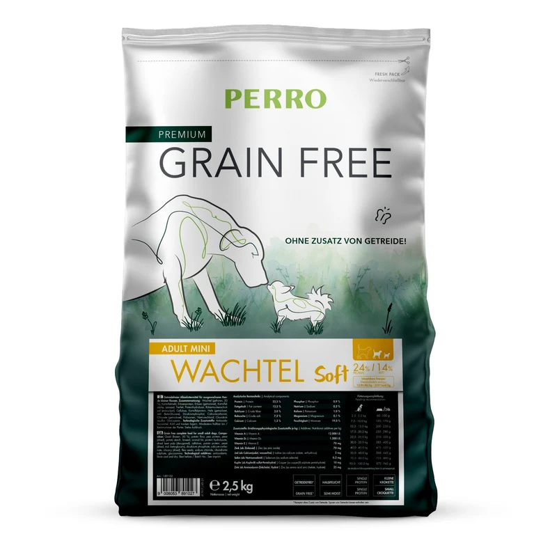Perro Grain Free Adult Mini Wachtel Soft – Getreidefreies Premium-Trockenfutter für kleine Hunde mit empfindlicher Verdauung
