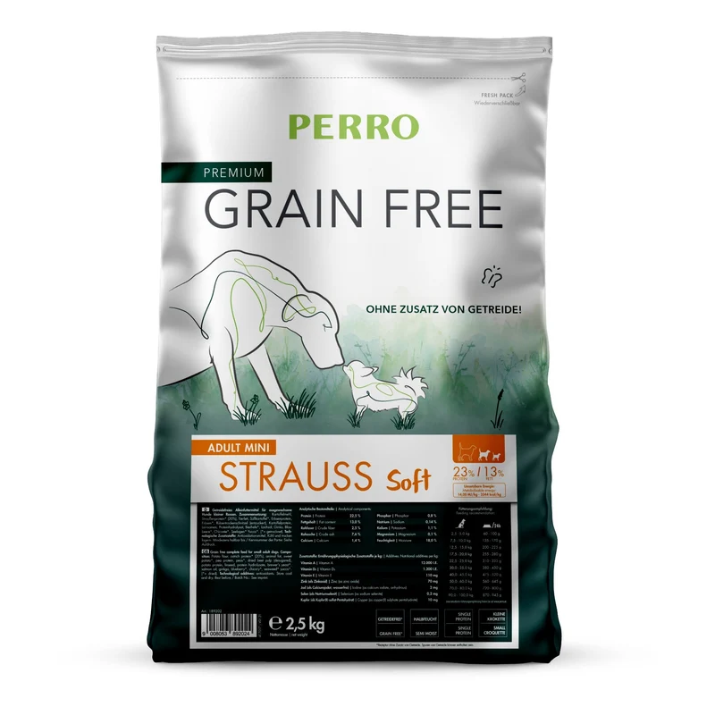 Perro Grain Free Adult Mini Strauß Soft – Getreidefreies Trockenfutter für kleine Hunde mit empfindlicher Verdauung