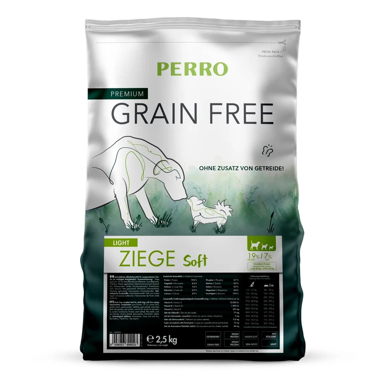 Perro Grain Free Adult Light Ziege Soft – Getreidefreies Diät-Trockenfutter für übergewichtige & ernährungssensible Hunde mit Ziegenfleisch