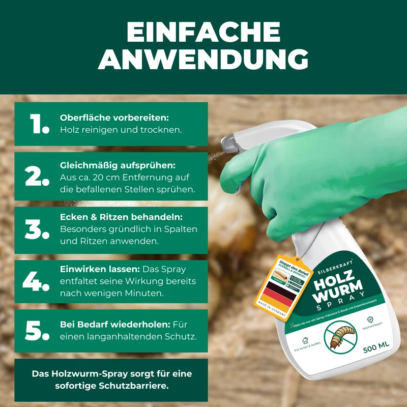 Holzwurm Spray: Holzwurmmittel gegen Holzwürmer, Holzbock & Nagekäfer für Innen & Außen inkl. E-Book