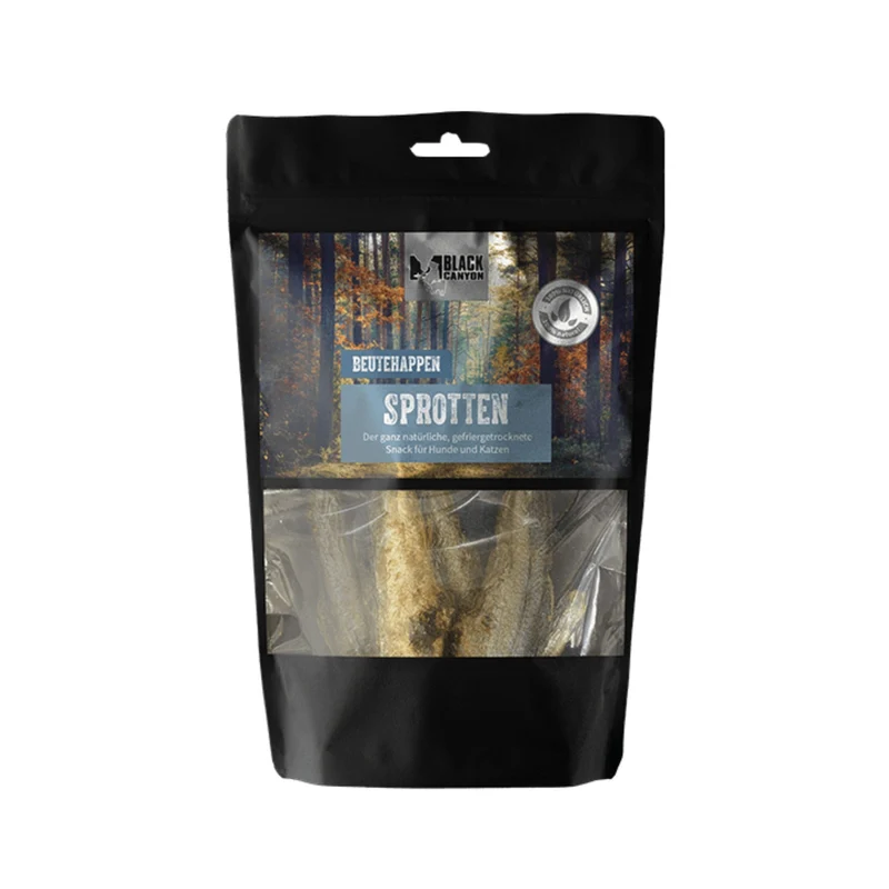 Black Canyon Beutehappen Sprotten – Premium Snack mit Omega-3 – 100% natürliche gefriergetrocknete Heringe für Hunde & Katzen