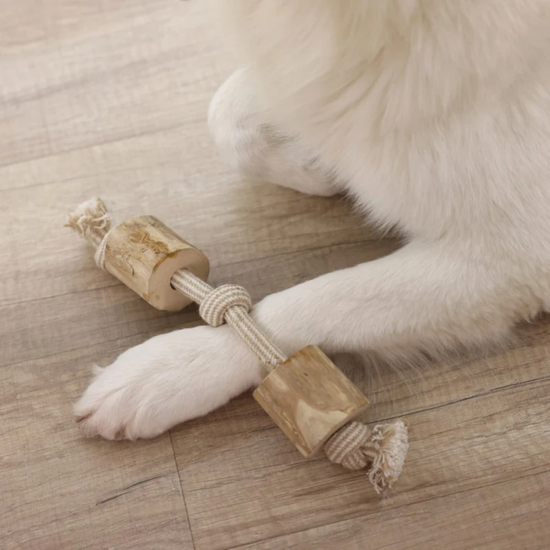 Giocattolo per cani Hantel M in legno di caffè, juta – 35cm