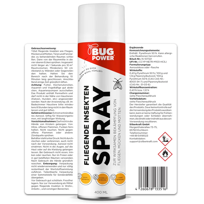 BugPower Spray gegen fliegende Insekten 400 ml - breites Wirkungsspektrum - schnelle Wirkung & mit Knock-Down-Effekt