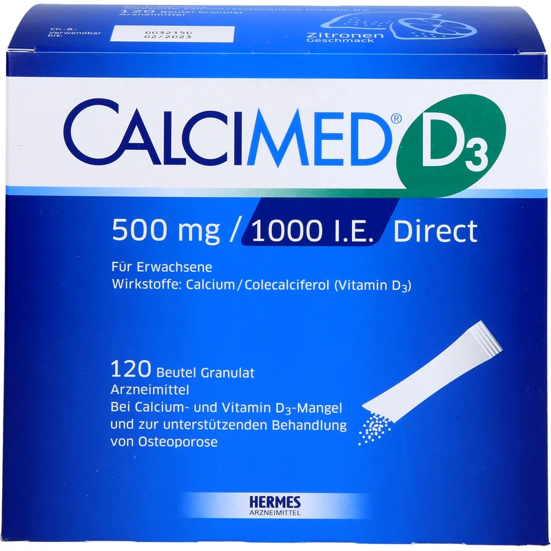 Calcimed D3 500 mg / 1000 I.E. Direct Granulat bei Calcium- und Vitamin D3-Mangel, 120 St. Beutel