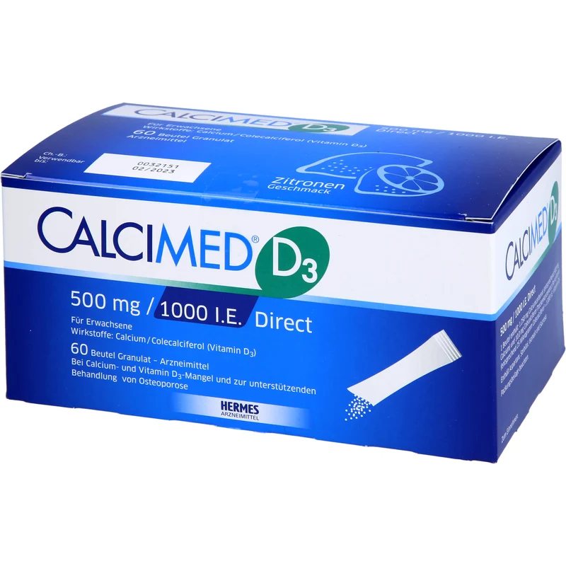 Calcimed D3 500 mg / 1000 I.E. Direct Granulat bei Calcium- und Vitamin D3 Mangel und zur unterstützenden Behandlung von Osteoporose, 60 St. Beutel