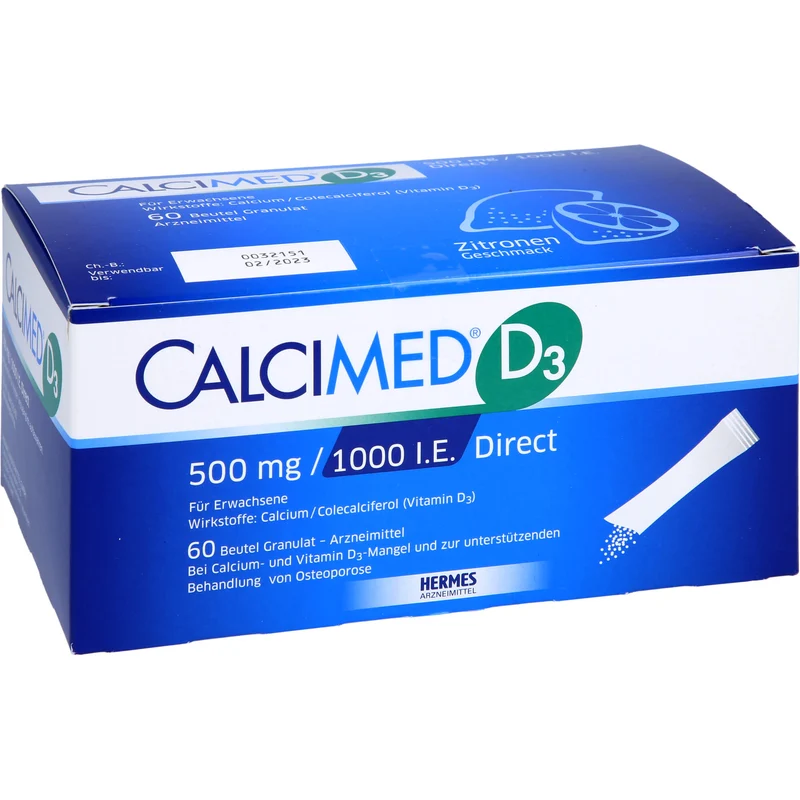 Calcimed D3 500 mg / 1000 I.E. Direct Granulat bei Calcium- und Vitamin D3 Mangel und zur unterstützenden Behandlung von Osteoporose, 60 St. Beutel