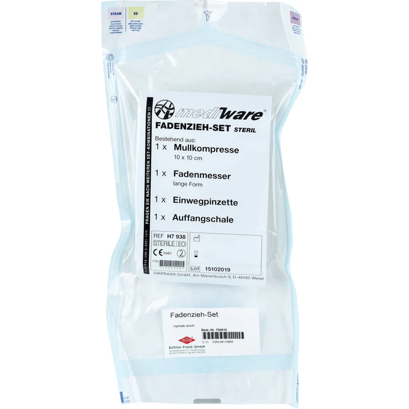 Mediware Fadenzieh Set steril mit Trennmesser Pinzette und Tupfer, 1 St. Set