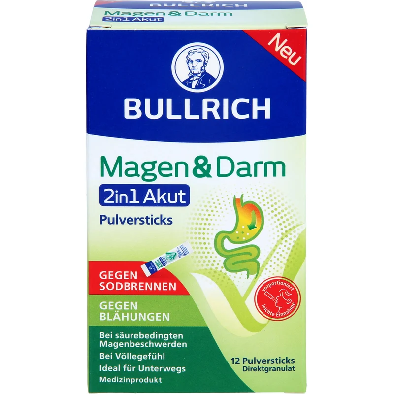 BULLRICH Magen und Darm 2in1 Akut Pulversticks gegen Sodbrennen und gegen Blähungen, 12 St. Sticks