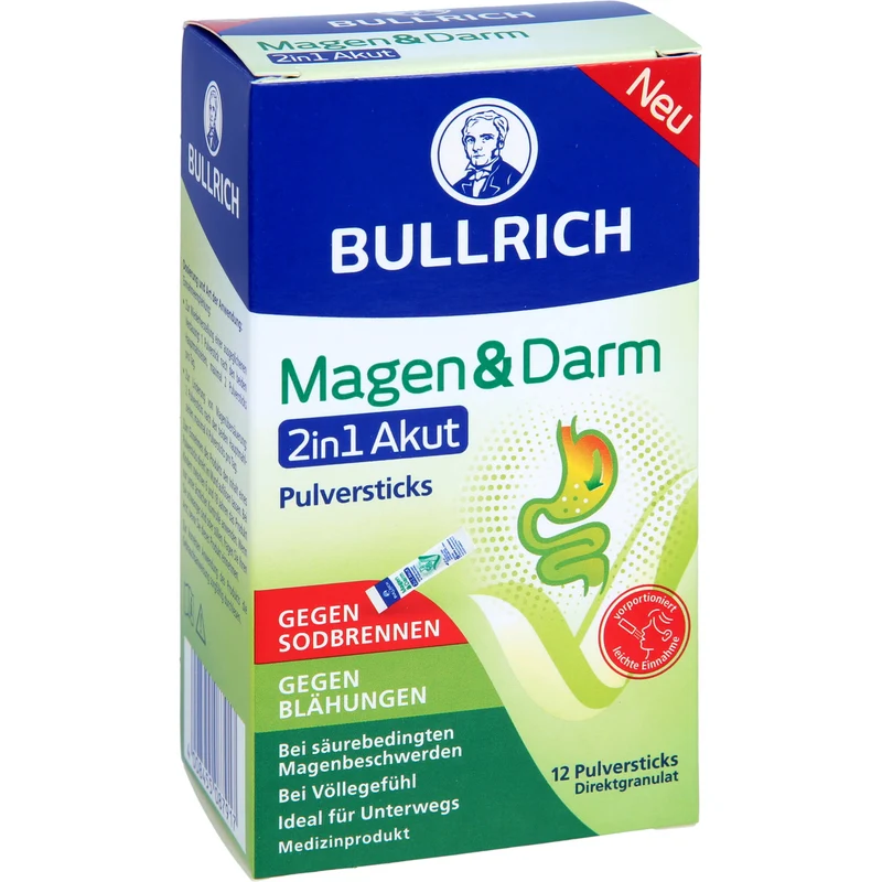 BULLRICH Magen und Darm 2in1 Akut Pulversticks gegen Sodbrennen und gegen Blähungen, 12 St. Sticks