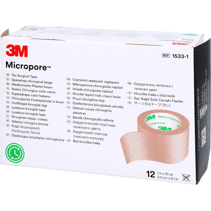 3M Micropore hypoallergenes Vliespflaster 2,5 cm x 9,1 m hautfarben, 12 St. Pflaster