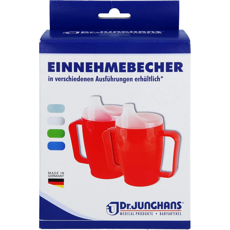 Dr. Junghans Einnehmebecher 250 ml mit Griff weiß 2 Deckel 4 und 12 mm, 1 St. Becher