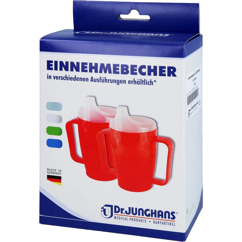 Dr. Junghans Einnehmebecher 250 ml mit Griff weiß 2 Deckel 4 und 12 mm, 1 St. Becher