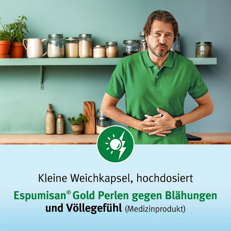 Espumisan Gold Perlen gegen Blähungen (Medizinprodukt), 20 St. Kapseln