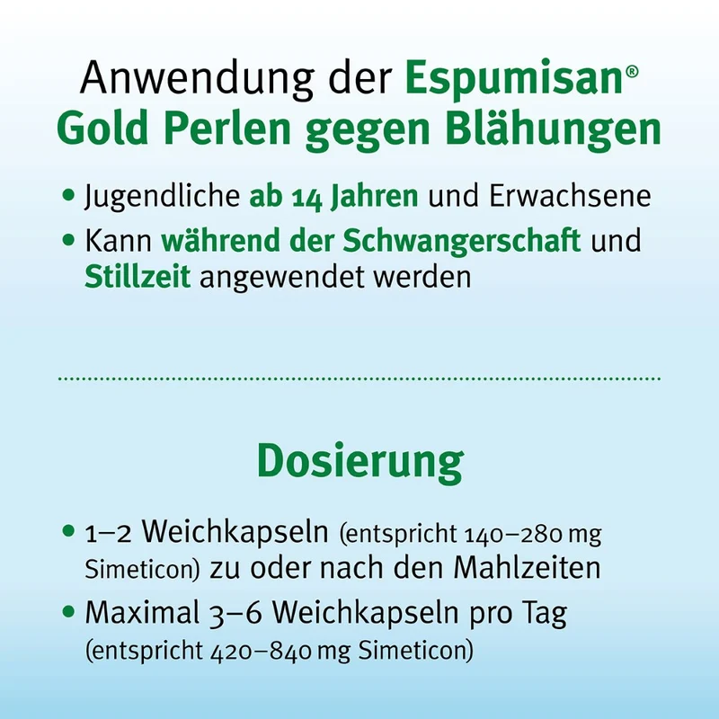 Espumisan Gold Perlen gegen Blähungen (Medizinprodukt), 20 St. Kapseln