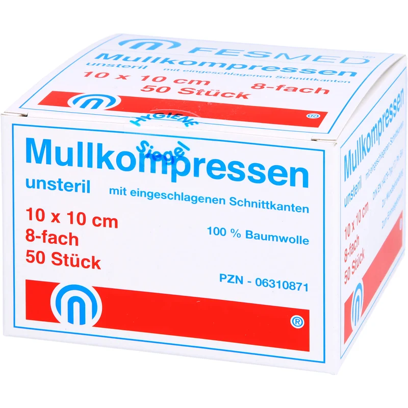 FESMED ES-Mullkompressen 10 x 10 cm 8fach unsteril mit eingeschlagenen Schnittkanten, 50 St. Kompressen