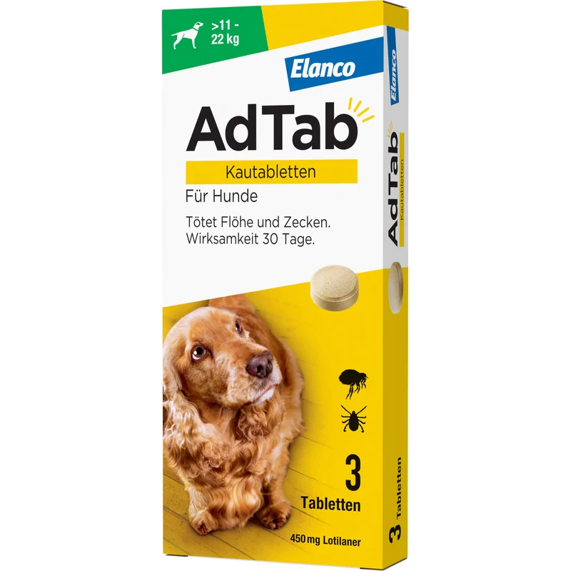 AdTab Kautabletten für Hunde über 11 bis 22 kg gegen Zecken und Flöhe, 3 St. Kautabletten