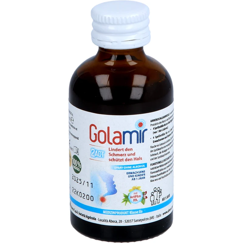 Aboca Golamir 2Act Spray ohne Alkohol lindert den Schmerz und schützt den Hals, 30 ml Lösung