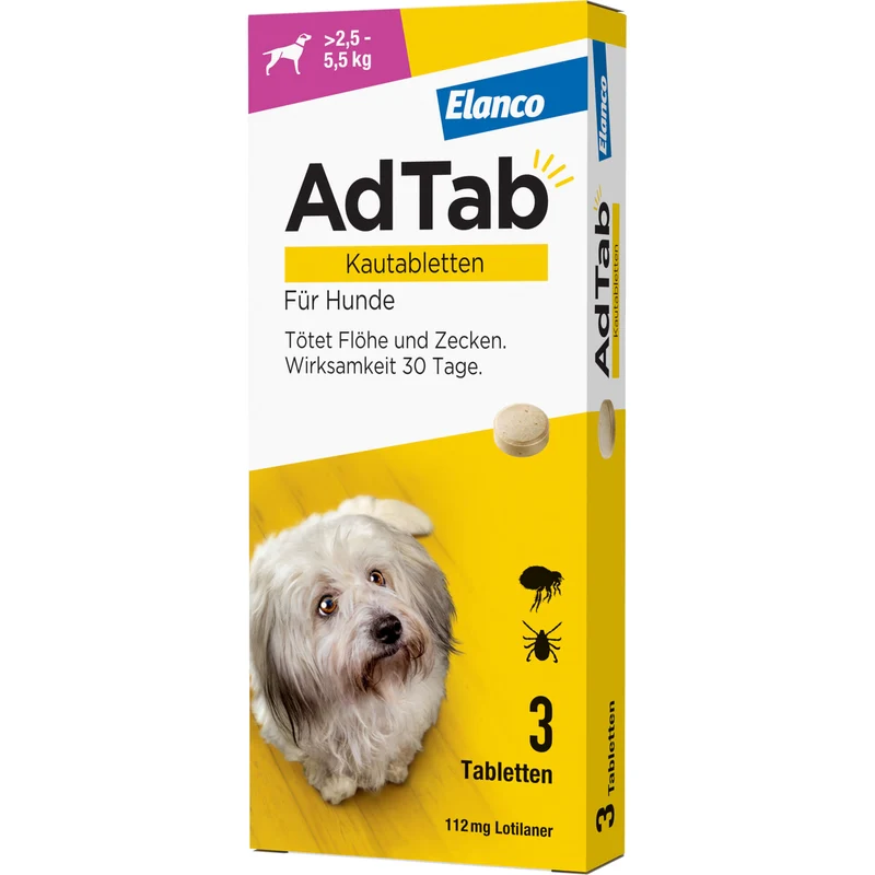 AdTab Kautabletten für Hunde über 2,5 bis 5,5 kg gegen Zecken und Flöhe, 3 St. Tabletten