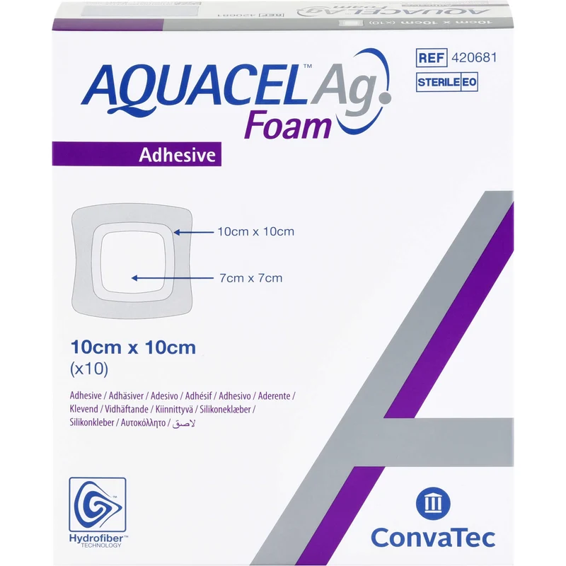 AQUACEL Ag Foam adhäsiv 10x10cm, 10 St VER